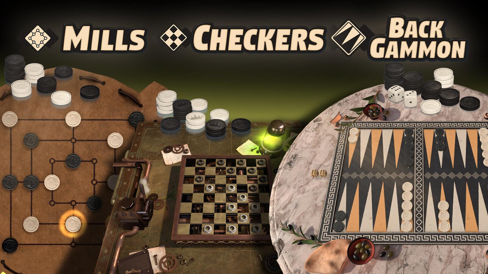 Backgammon + Checkers + Mills